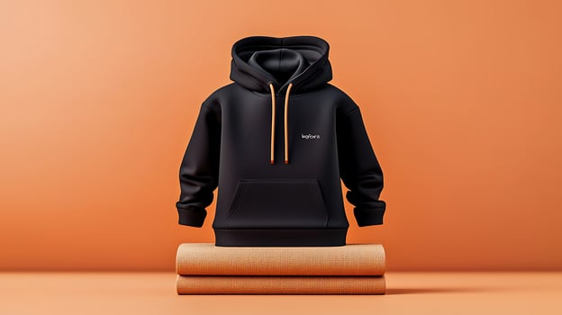 Stylish black hoodie displayed on rolled fabric against a warm orange background photo