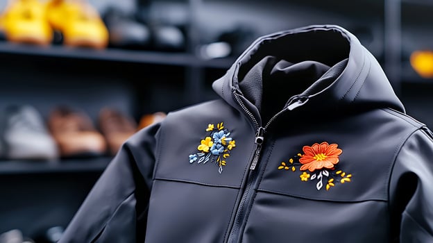 Stylish black jacket with floral embroidery displayed in a modern retail store setting photo