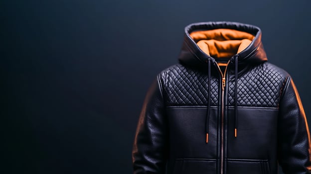 Stylish black leather jacket with orange lining displayed against a dark background photo