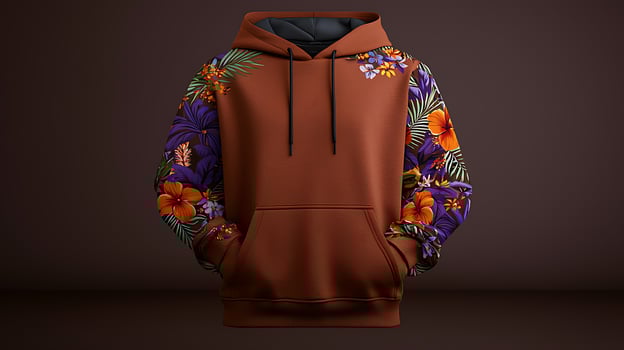 Stylish brown hoodie with vibrant floral sleeves displayed on a neutral background photo