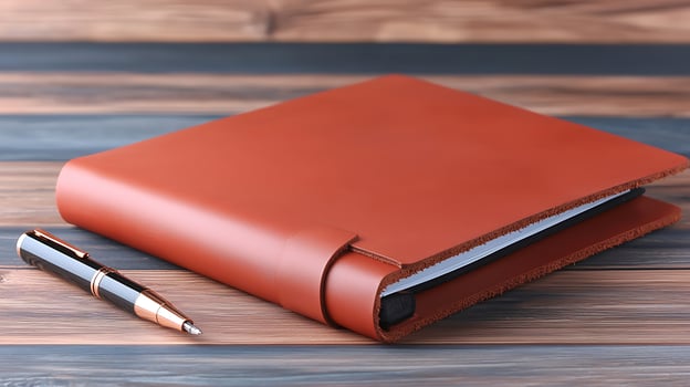 Stylish brown leather folder with pen on wooden desk, showcasing a professional workspace photo