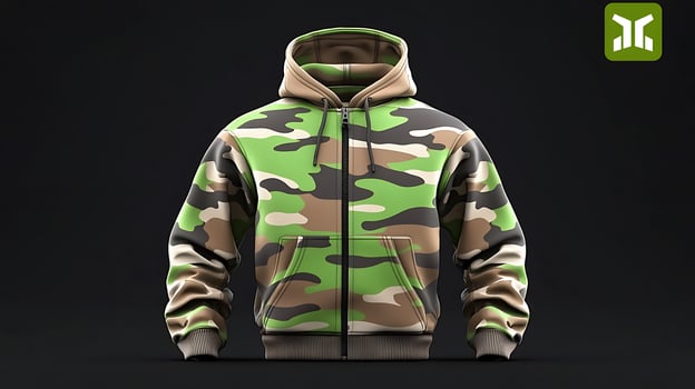 Stylish camo zip-up hoodie displayed against a dark background, showcasing modern design and colors photo