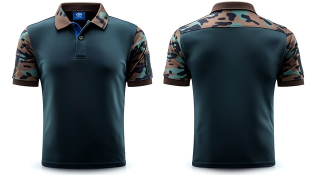 Stylish camouflage polo shirt displayed from front and back, showcasing modern design and color scheme photo