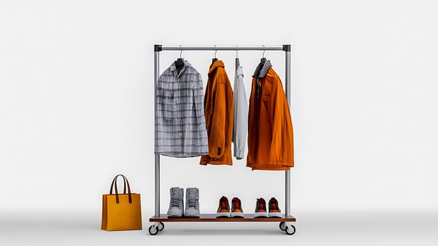 Stylish clothing display featuring jackets, shoes, and a handbag on a minimalist rack in a bright setting photo