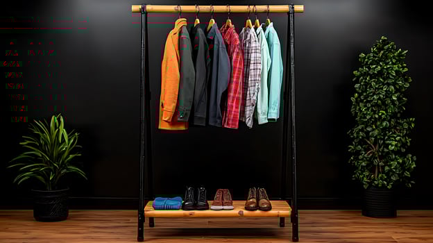 Stylish clothing display with various jackets and shoes against a modern black backdrop photo