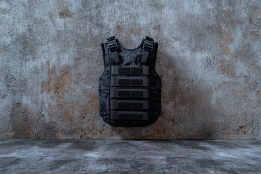 A black tactical vest hangs against a textured wall photo
