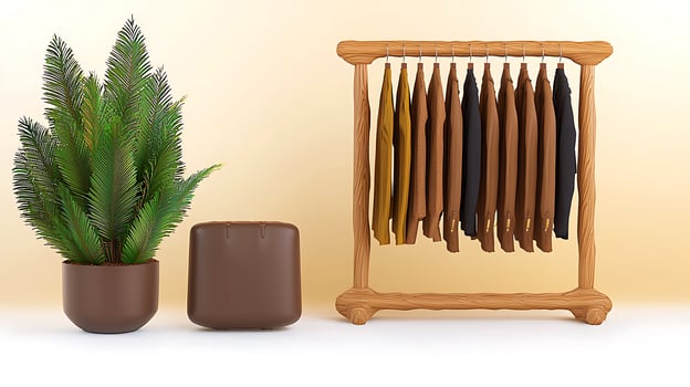 Stylish display of hanging garments on a wooden rack with a potted plant, showcasing modern fashion photo