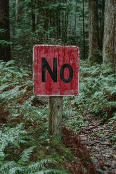 A weathered red sign with the word No in a lush forest setting. photo