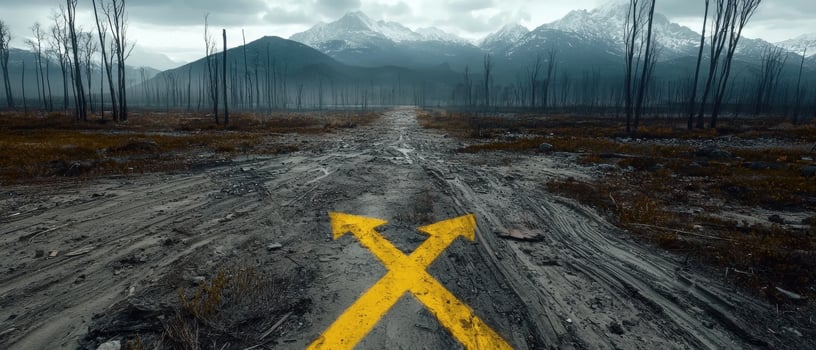 A muddy road leads through a barren landscape towards distant mountains, marked with a yellow directional arrow photo