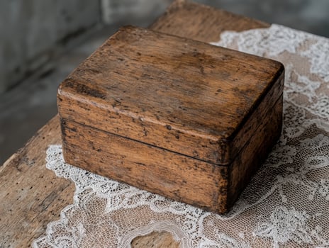 An old wooden box sits on a lace cloth photo