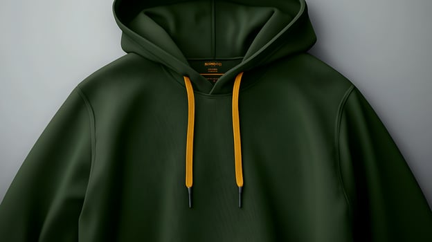 Stylish green hoodie with contrasting yellow drawstrings displayed on a neutral background photo