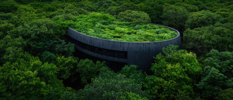 Modern building with a green roof blending into the surrounding forest photo