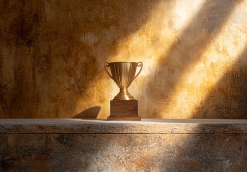 A gold trophy sits on a stone shelf in front of a textured wall photo