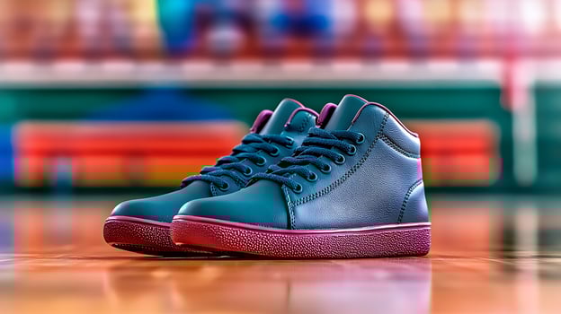 Stylish high-top sneakers on a vibrant basketball court with blurred background activity photo