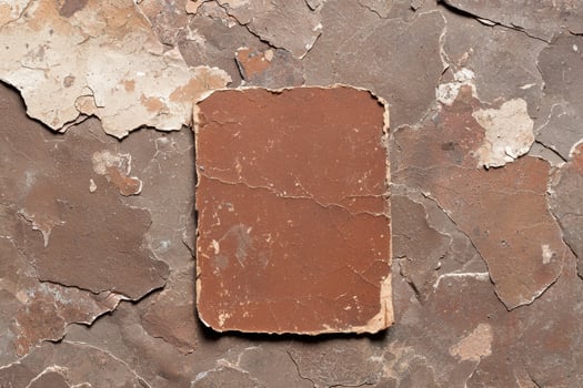 A textured brown surface with peeling paint and a rectangular paper element photo