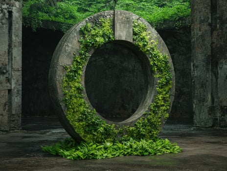 Ancient stone circle overgrown with moss and ferns photo