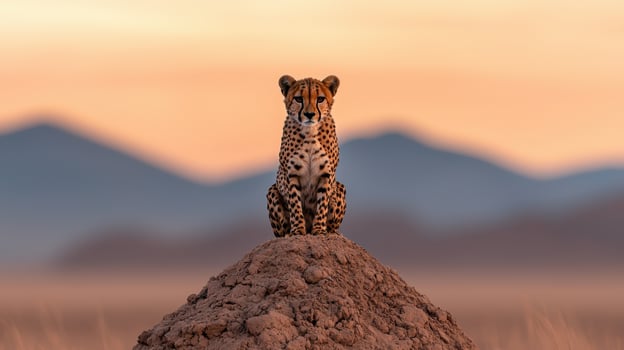 A cheetah sits atop a mound in the African savanna photo
