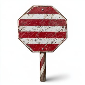 Weathered red and white striped sign on a post photo