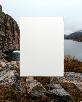 Blank canvas in a rocky mountain landscape with lake and cloudy sky photo
