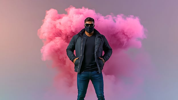 Stylish man in a mask posing confidently against a vibrant pink smoke background photo