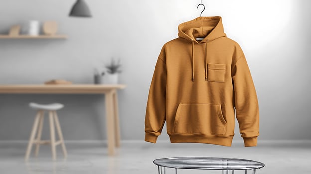 Stylish mustard hoodie displayed on a hanger in a modern, minimalistic living room setting photo
