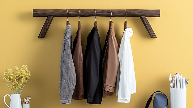 Stylish modern coat rack displaying various jackets on a vibrant yellow wall with decor elements photo
