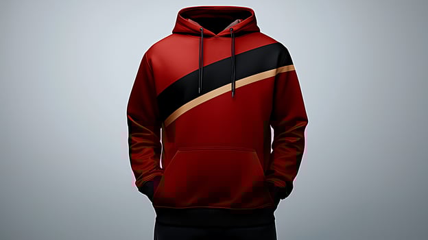 Stylish red hoodie with black and gold accents displayed against a minimalist background photo