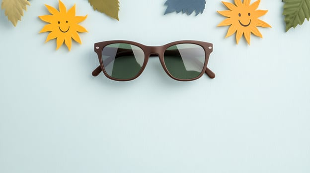 Stylish sunglasses placed on a pastel background surrounded by cheerful sun and leaf decorations photo
