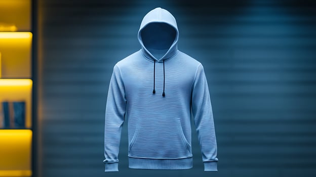 Stylish white hoodie displayed against a modern backdrop with soft blue lighting and shelves photo