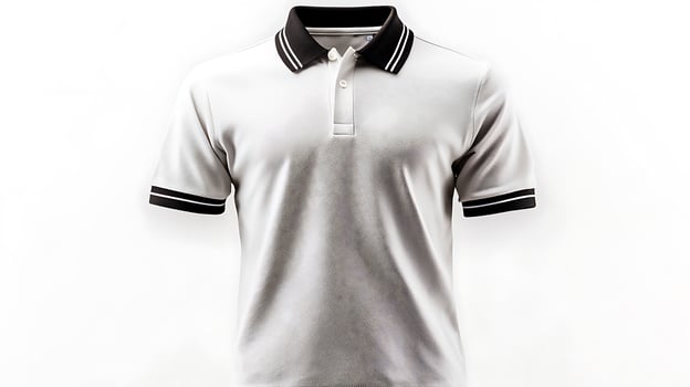 Stylish white polo shirt with black accents displayed against a clean background, ideal for fashion photo