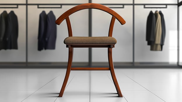 Stylish wooden chair positioned in a modern clothing store, with suits displayed in the background photo