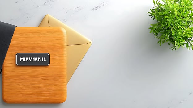 Stylish wooden wallet and envelope on a marble surface with a small green plant nearby photo