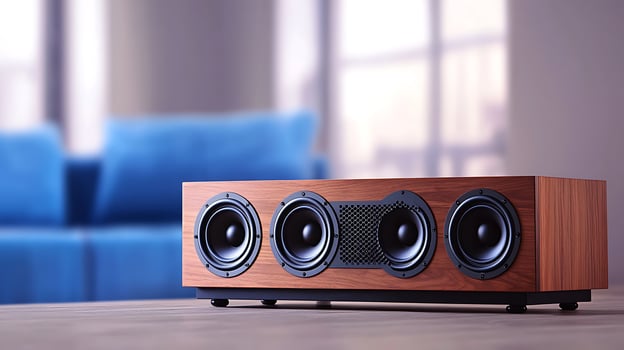 Stylish wooden speaker on a table in a modern living room with blue couch and natural light photo
