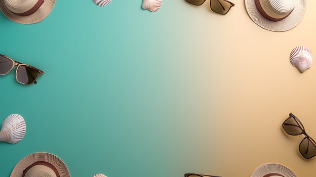 Summer beach accessories including sunglasses and hats arranged on a gradient background photo