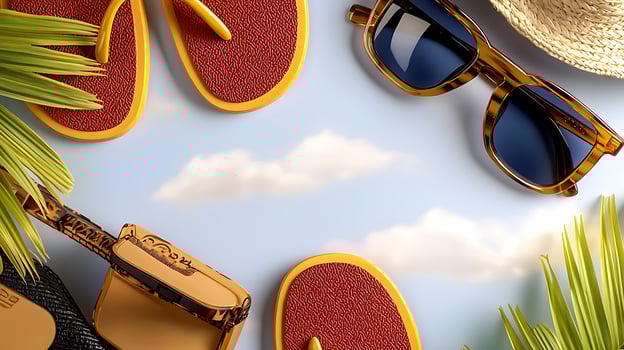 Summer accessories laid out on a blue background with clouds, showcasing sunglasses, flip-flops, and a hat photo