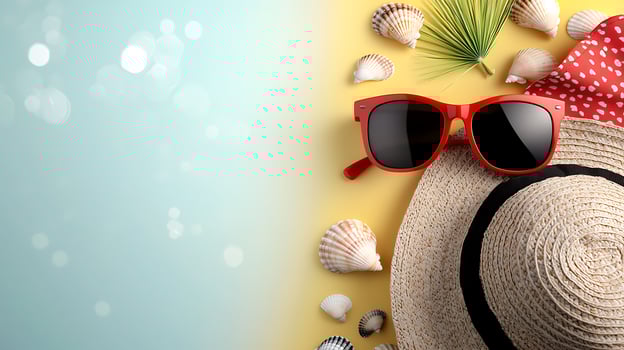 Summer beach accessories including sunglasses, a straw hat, and seashells on a vibrant background photo