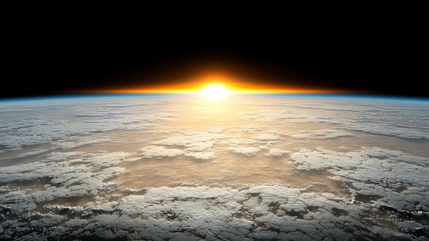 Sunrise over Earths horizon with clouds illuminated by golden light, serene atmosphere photo