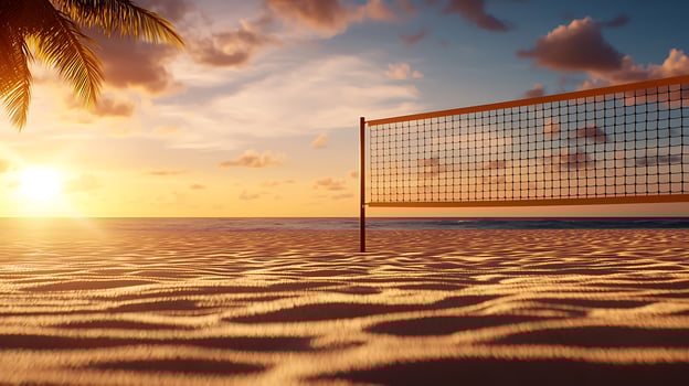 Sunset over a serene beach volleyball court with gentle waves and palm trees in the background photo