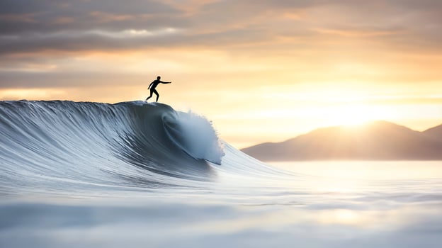 Surfer riding a massive wave at sunset, with mountains in the background and a serene ocean photo