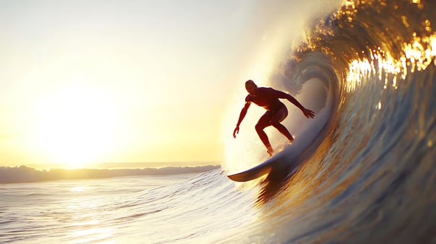 Surfer skillfully riding a wave at sunset, with vibrant colors and ocean backdrop photo