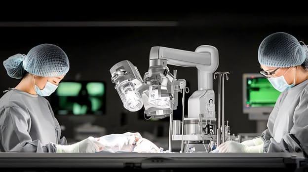 Surgeons performing a robotic-assisted surgery in a modern operating room with advanced technology photo