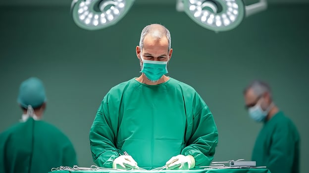 Surgeons in green scrubs perform a delicate operation under bright surgical lights in a sterile environment photo