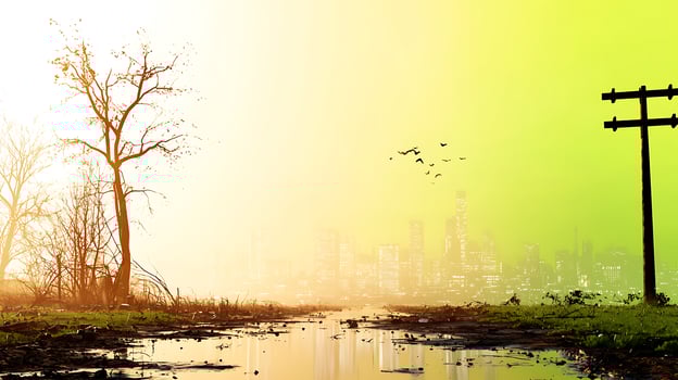 Surreal landscape featuring a lone tree by a puddle, with a distant city skyline and birds flying photo