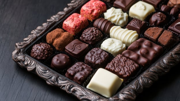 Assorted chocolates in a decorative tray on a black table photo