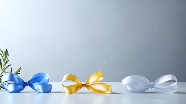 Three decorative bows in blue, yellow, and white arranged on a smooth surface with greenery photo