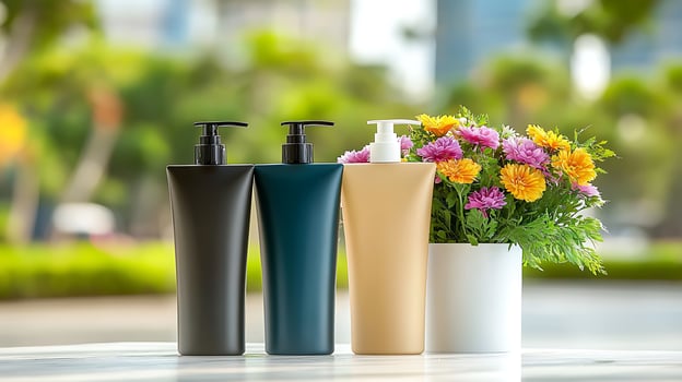 Three elegant cosmetic bottles in black, teal, and beige with a vibrant flower arrangement outdoors photo