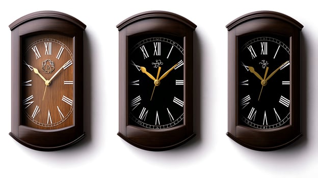 Three elegant wall clocks showcasing different styles and colors against a white background photo