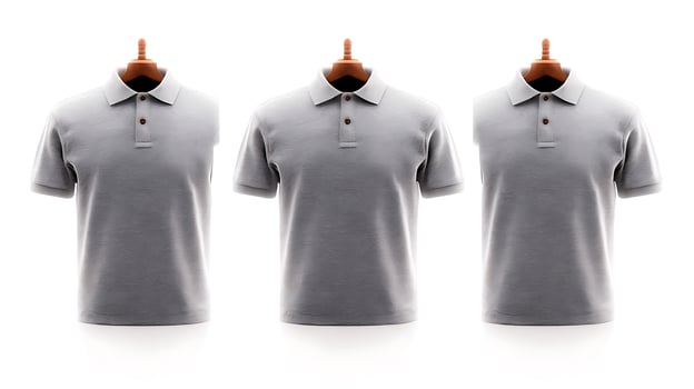 Three identical gray polo shirts displayed on mannequins against a white background photo