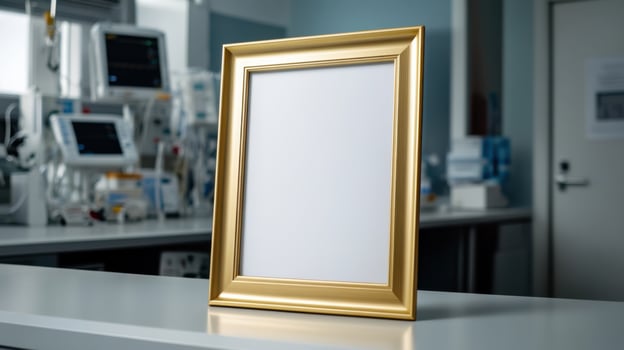 Gold frame mockup on a table in a hospital photo