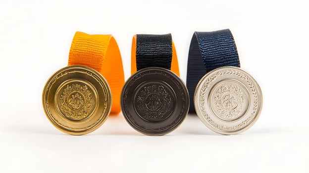 Three medals with vibrant ribbons displayed against a neutral background, symbolizing achievement photo